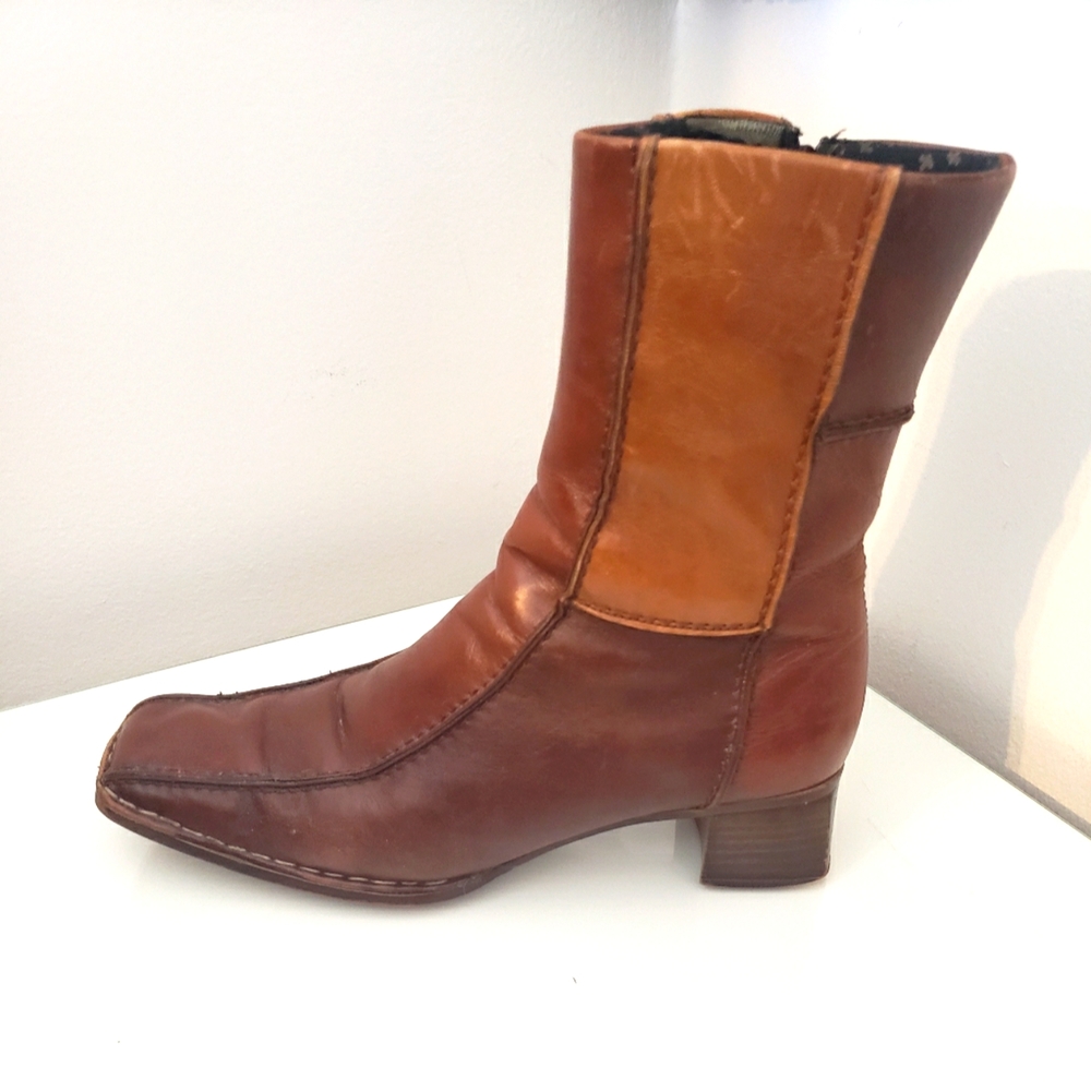 Rieker 70 Style Zip Up Square Toed Boots Block Patch Carmel Brown Tone Woman 41